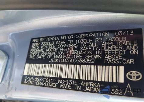 2013 Toyota Yaris Le z USA, uszkodzony, nr VIN JTDKTUD35DD568352